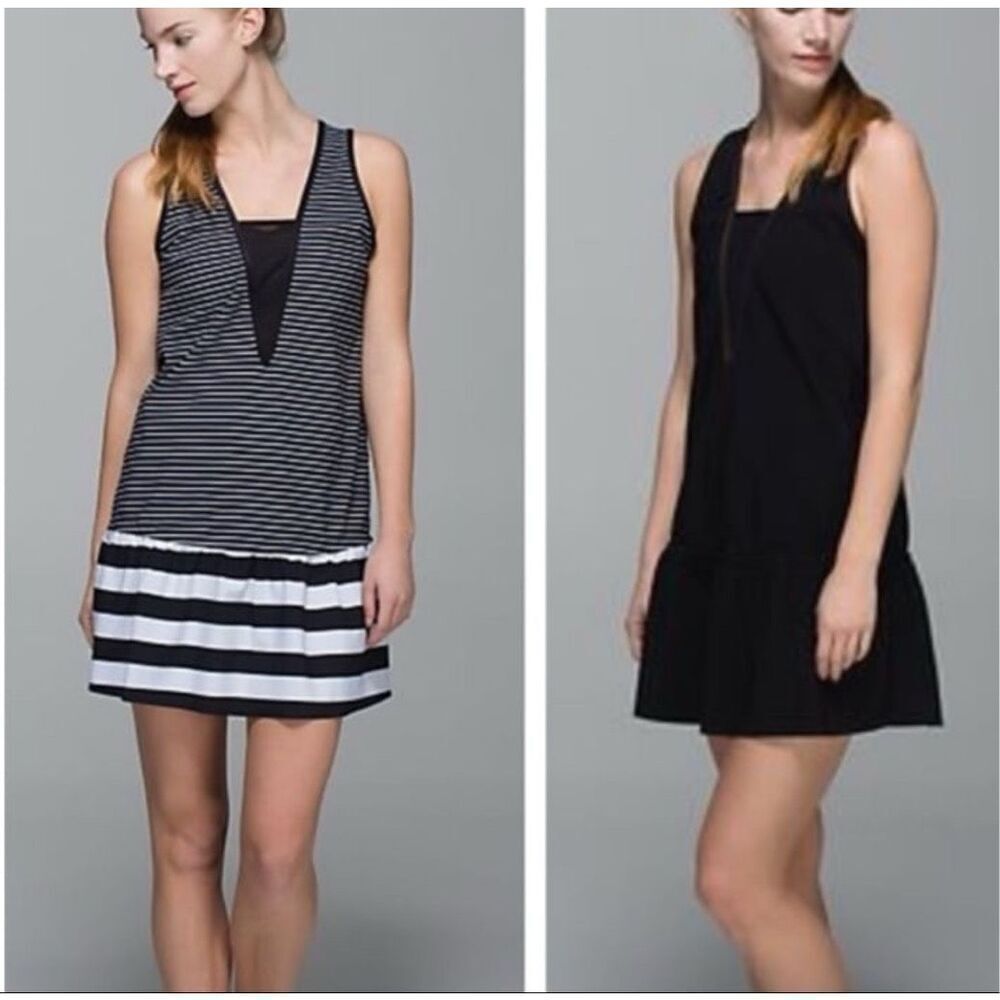 LULULEMON Both Ways Reversible Dress Black & White Drop Waist Ruffle Hem